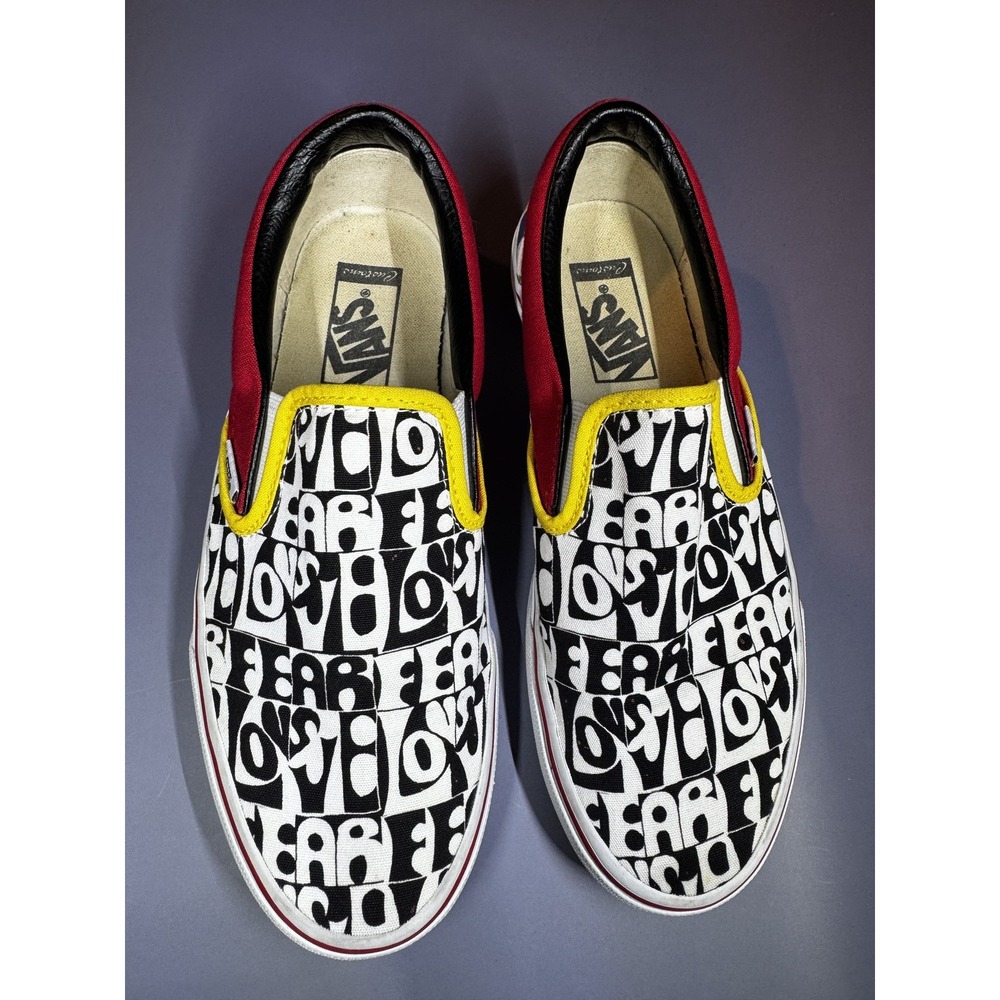 Vans Classic Slip-On Shoes with Love and Fear Print, Size 7 Men / 8.5 Women